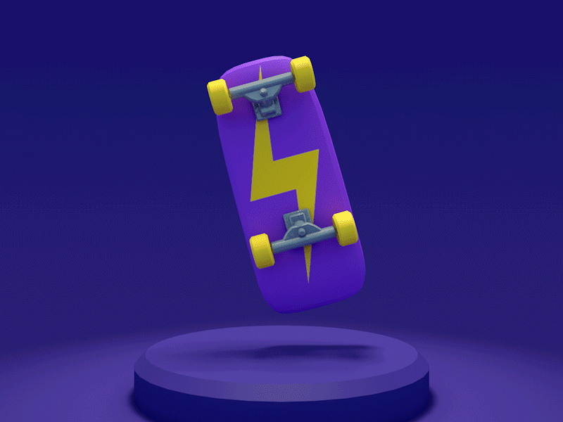 The Series 001 deck &mdash; an animated purple skateboard with a yellow lightning bolt, spinning above a plinth